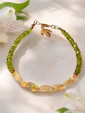 New Handmade 14K Yellow Gold Filled Peridot Opal Bracelet 7.5" - 7.9"